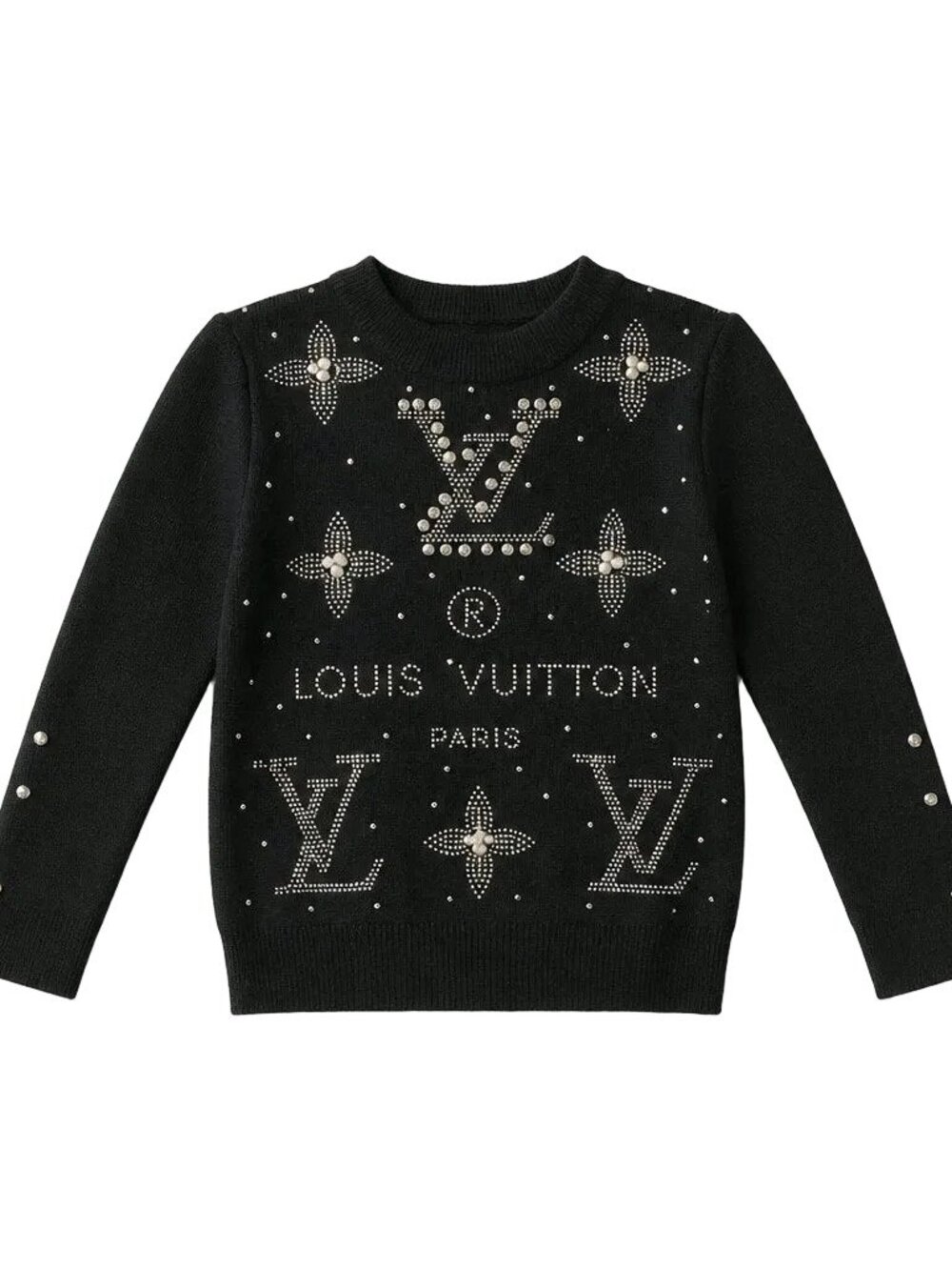 Black Rhinestone Pearl Cotton Knit Sweater